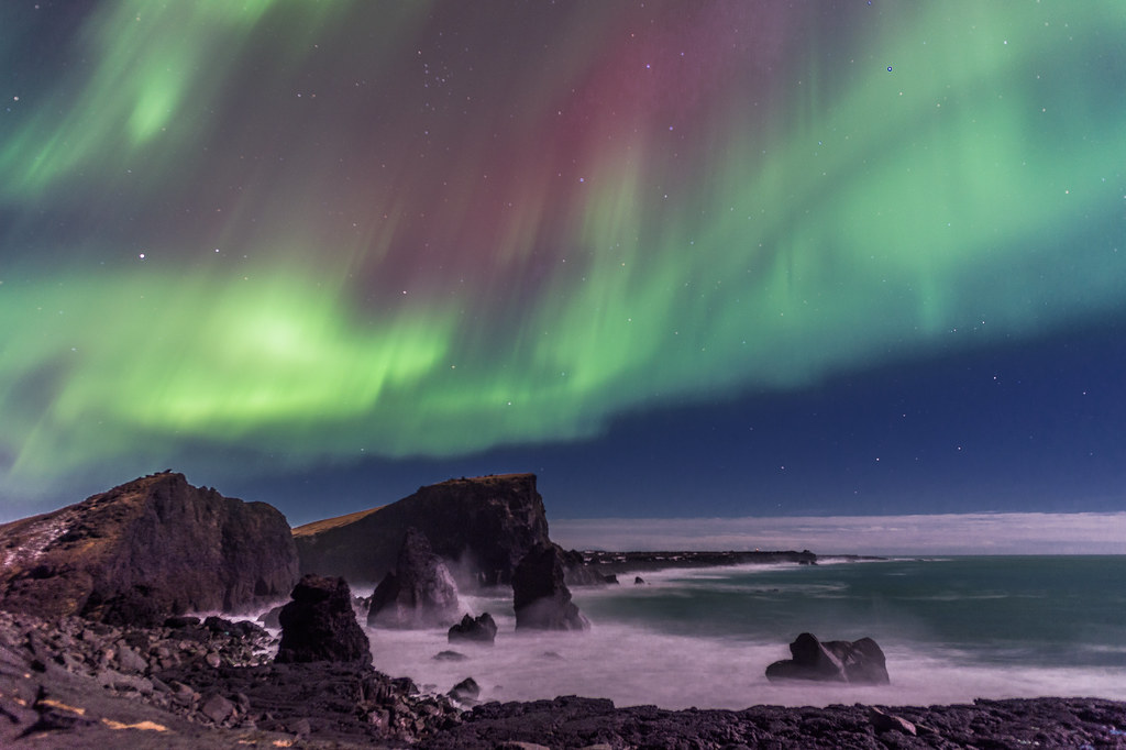 Northern Lights over Reykjanes Peninsula Sea Stacks, Iceland